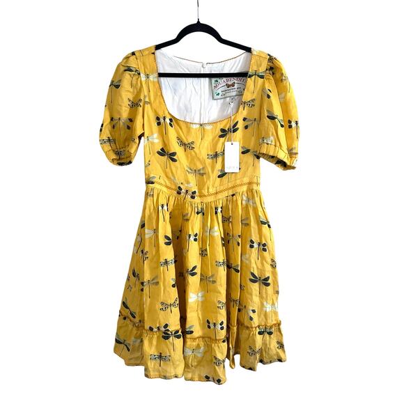 AGUA BENDITA Pomelo Mini Dress Dragonfly Libelulas Linen Yellow - Sz Large - NWT